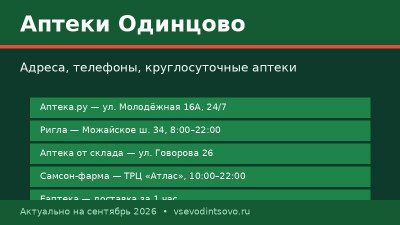 Аптеки Одинцово: адреса, телефоны и круглосуточные (2026) Аптеки Одинцово: адреса, телефоны и круглосуточные (2026)