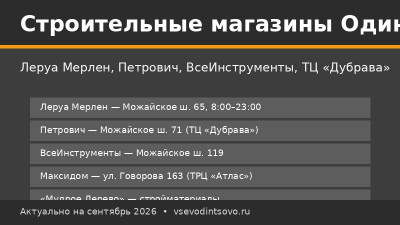 Строительные магазины Одинцово: Леруа Мерлен, Петрович и другие (2026) Строительные магазины Одинцово: Леруа Мерлен, Петрович и другие (2026)